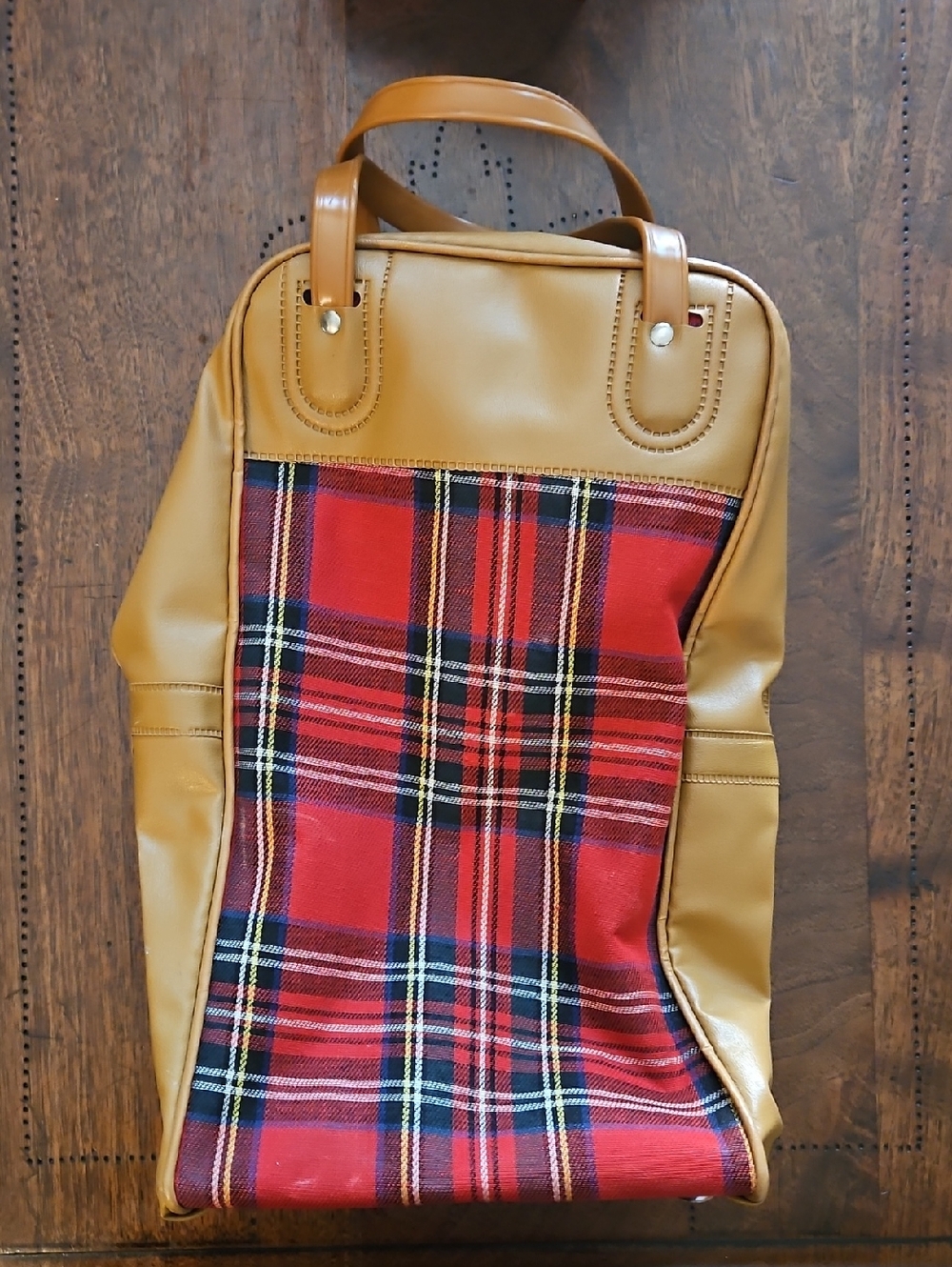 Vintage Tan Faux Leather Tote with Red Plaid Front Panel